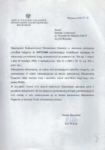 Pismo Ministerstwa Finansów - certyfikat biura rachunkowego DFK Trzebnica